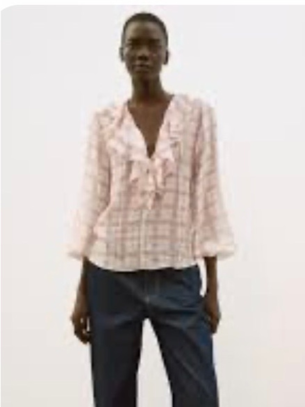 Zara ivory Plaid Ruffle V-Neck Blouse size med medium NWT